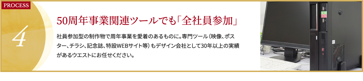 PROCESS4,50周年事業関連ツールでも「全社員参加」,社員参加型の制作物で周年事業を愛着のあるものに。専門ツール（映像、ポスター、チラシ、記念誌、特設WEBサイト等）もデザイン会社として30年以上の実績があるウエストにお任せください。