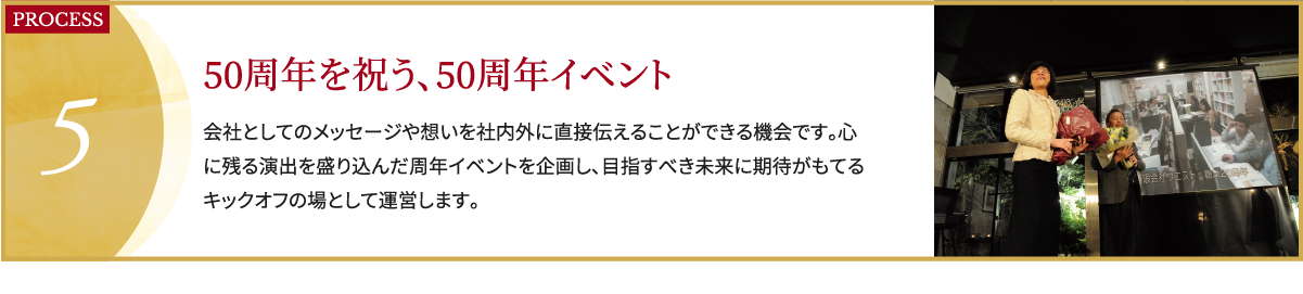 PROCESS5,50周年を祝う、50周年イベント,会社としてのメッセージや想いを社内外に直接伝えることができる機会です。心に残る演出を盛り込んだ周年イベントを企画し、目指すべき未来に期待がもてるキックオフの場として運営します。