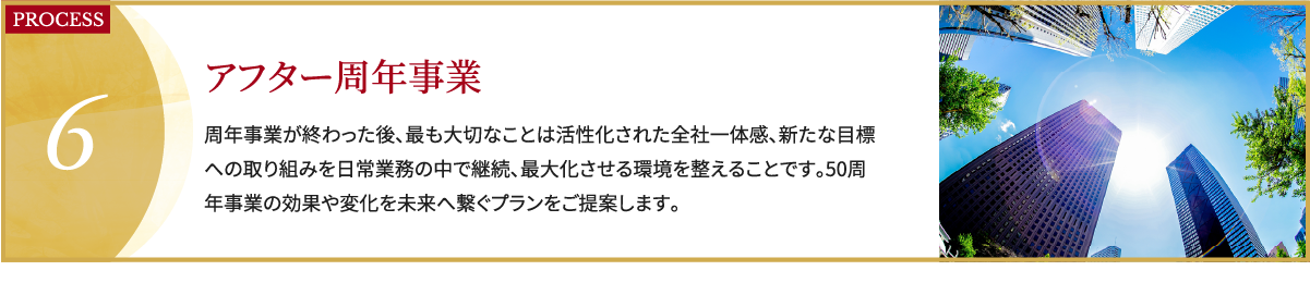 PROCESS6,アフター周年事業,周年事業が終わった後、最も大切なことは活性化された全社一体感、新たな目標への取り組みを日常業務の中で継続、最大化させる環境を整えることです。50周年事業の効果や変化を未来へ繋ぐプランをご提案します。