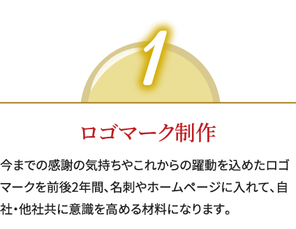 1,ロゴマーク制作,今までの感謝の気持ちやこれからの躍動を込めたロゴマークを前後2年間、名刺やホームページに入れて、自社・他社共に意識を高める材料になります。