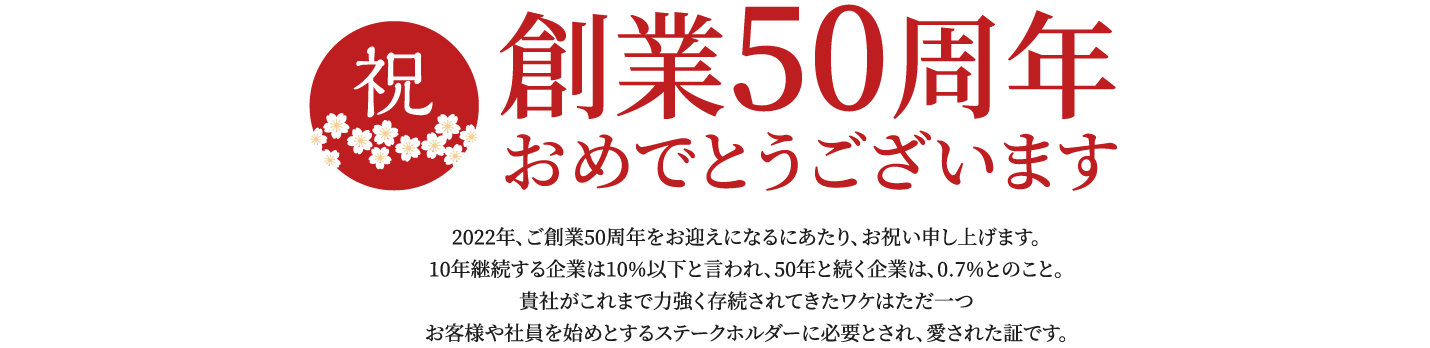 祝,創業50周年おめでとうございます,2022年、ご創業50周年をお迎えになるにあたり、お祝い申し上げます。10年継続する企業は10%以下と言われ、50年と続く企業は、0.7%とのこと。貴社がこれまで力強く存続されてきたワケはただ一つお客様や社員を始めとするステークホルダーに必要とされ、愛された証です。